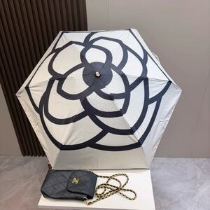 Brand New Chanel GWP White/Black Camellia Compact Umbrella + Crossbody Bag Pouch